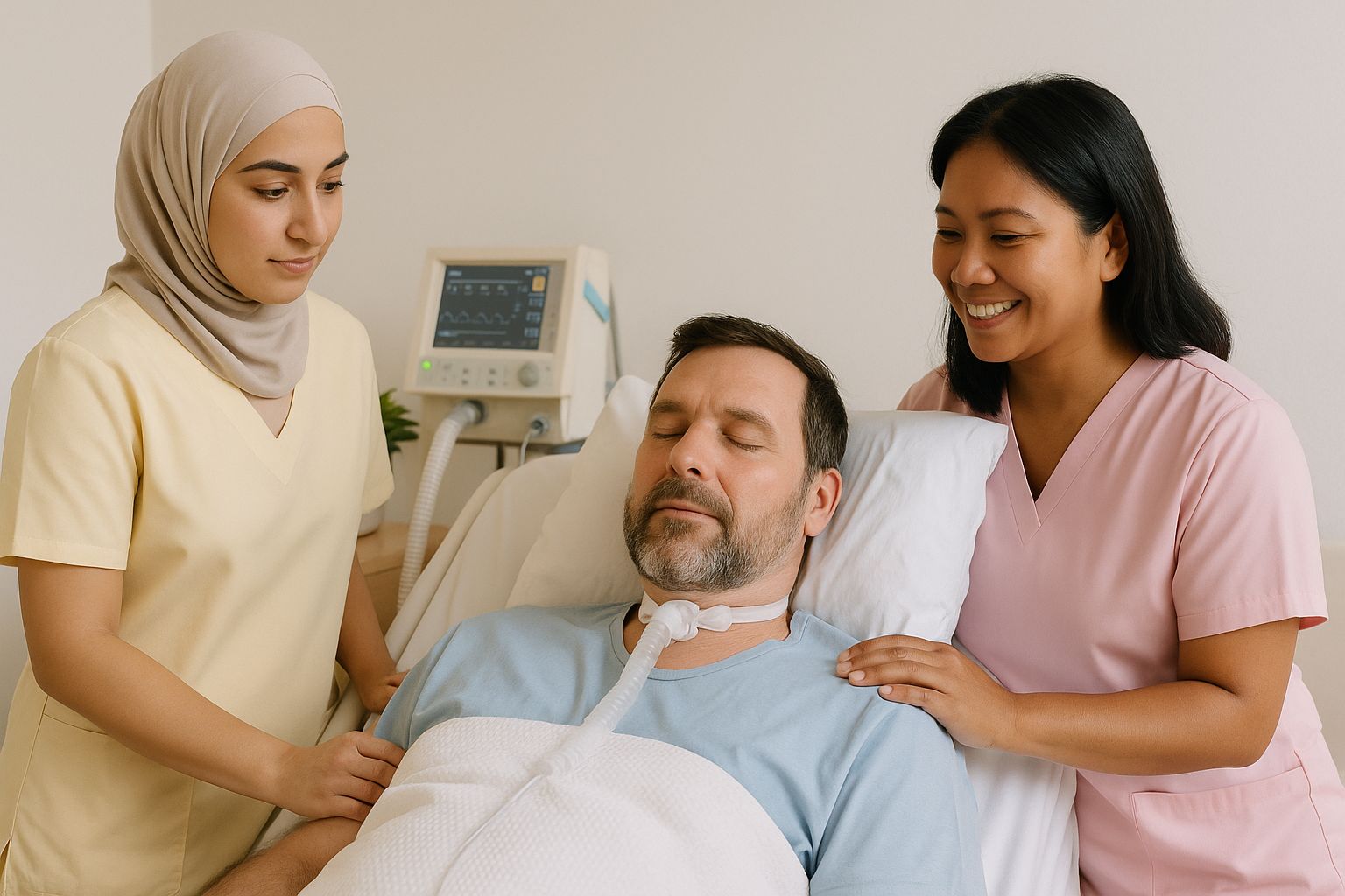 Pflegefachkräfte begleiten einen beatmeten Patienten im häuslichen Umfeld